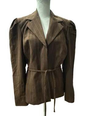 Trina Turk Pinstripe Belted Blazer Size 12 Brown Puffed Shoulder